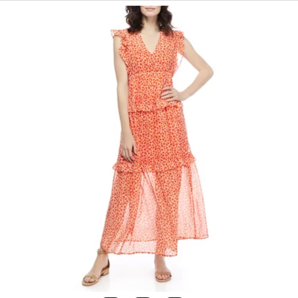 Emma and Michele Women's Ruffle Sleeve V-Neck Tier Ditsy Midi Dress